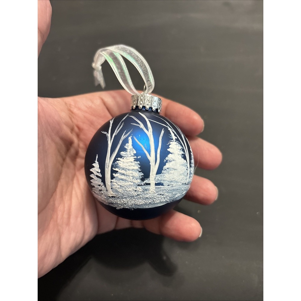 Hand Painted Glass Christmas Ball Ornament Winter Forest Navy Blue 3" Holidays